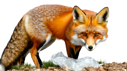 Fox encountering plastic waste nature wildlife outdoor isolated on transparent background