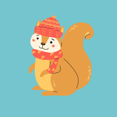 Adorable forest squirrel wearing winter hat and scarf illustration for seasonal designs.