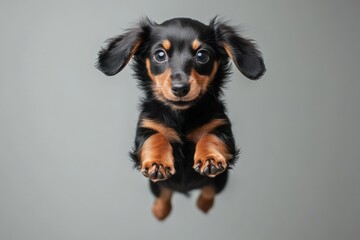 Small dog jumps happily against a plain background showcasing playful energy and charm