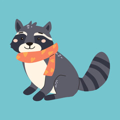Cute forest animals illustration with adorable raccoon in scarf.