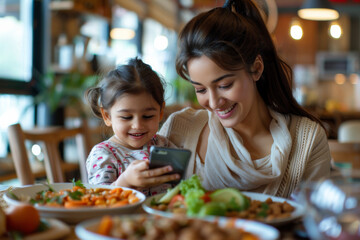 Young joyful Indian ethnic mother and daughter playing with mobile phone while having food	
