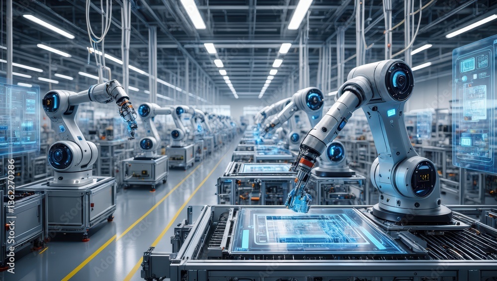 Poster futuristic robotic assembly line in advanced industrial automation factory