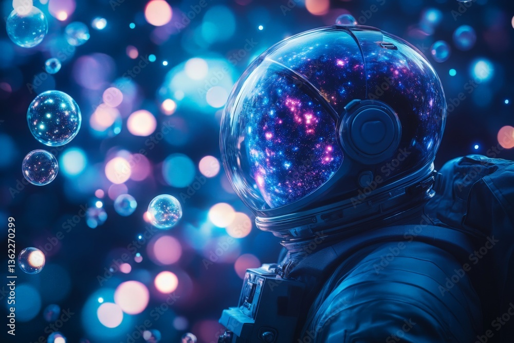 Aufkleber exploration of the cosmos with a reflective space helmet surrounded by colorful bubbles at an imagin