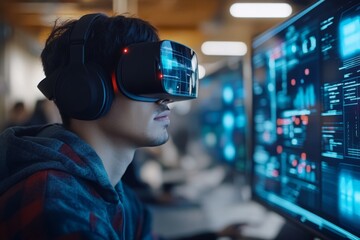 Person engaged in virtual reality experience in a tech-filled environment with multiple screens displaying data analytics