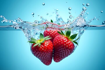 Fresh strawberries plunge into cool water droplets blue