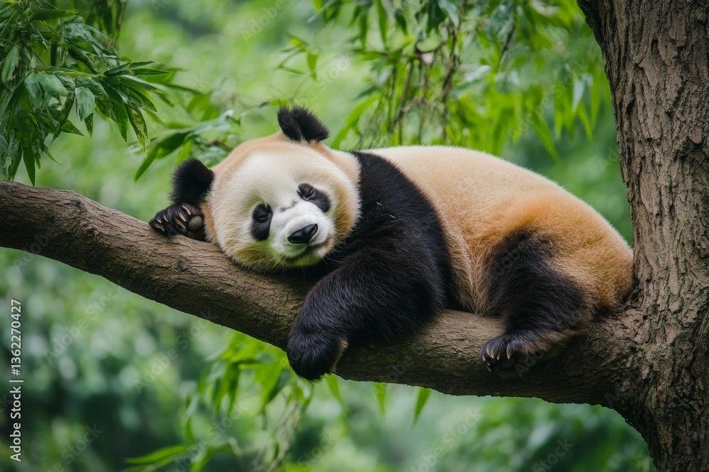 Poster panda lounging on a tree branch in a lush green environment during the afternoon