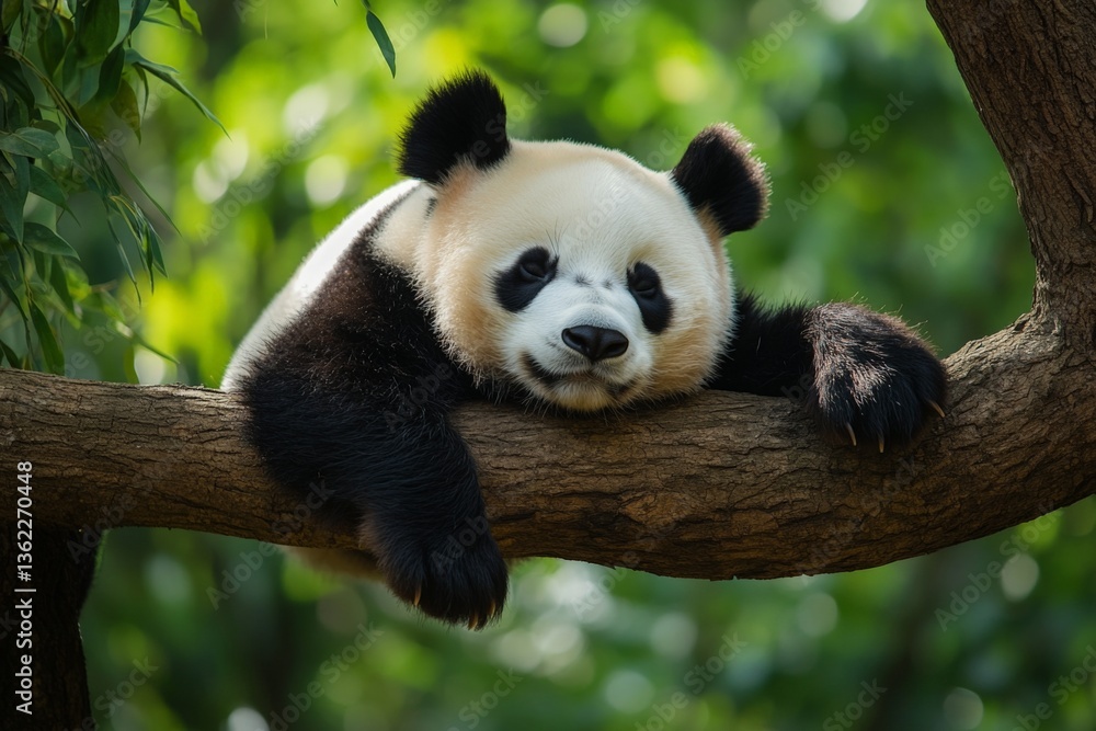 Poster sleepy panda resting on a tree branch in a lush green habitat during daylight hours