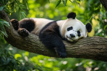 Obraz premium Panda relaxing on tree branch in lush green habitat during a sunny day
