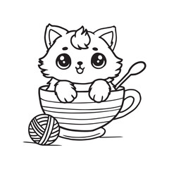 cute cat in cup  vector illustration for colouring