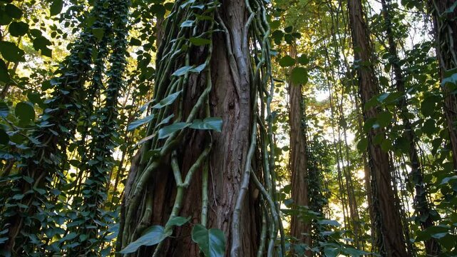 Wander through a dense forest filled with towering trees and intertwining vines, illuminated by warm golden sunlight in the late afternoon