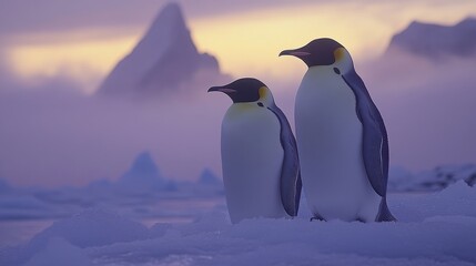 Fototapeta premium Two penguins standing together on a snowy icy landscape
