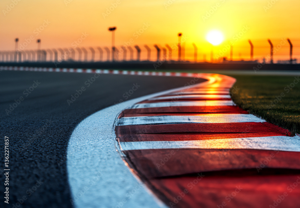 Poster a close-up of the asphalt track, showcasing its intricate patterns and textures with the sun setting