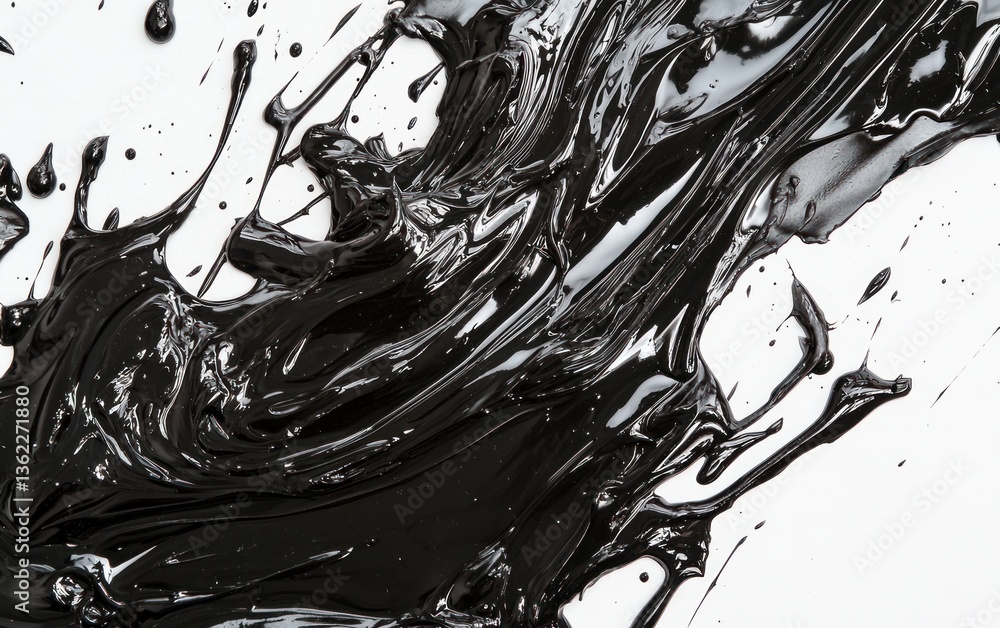 Poster abstract black paint splatter on white background. dynamic texture with flowing strokes and drips. h