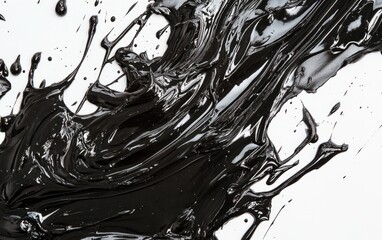 Abstract black paint splatter on white background. Dynamic texture with flowing strokes and drips. High contrast monochrome image