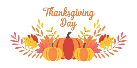 Elegant Thanksgiving Day composition with pumpkins, autumn leaves, golden accents and Thanksgiving Day in orange cursive on a clean white background. A festive and inviting design for the holiday