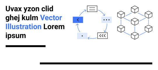 Process cycle with arrows and text boxes alongside a blockchain grid of cubes. Ideal for technology, automation, blockchain, data flow, systems integration, process management, simple landing page