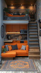 Cozy tiny apartment Loft bed above kitchen, sofa, and stairs