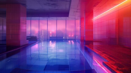 Serene indoor swimming pool at twilight with neon lights and city skyline reflections