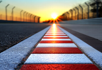 a close-up of the asphalt track, with red and white stripes on it, stands out against the background of an empty racing circuit at sunset.