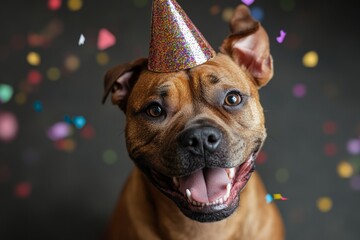 Obraz premium Happy dog celebrating birthday with colorful confetti and party hat in cozy indoor setting