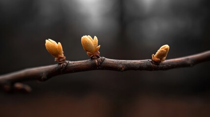 Three pale buds emerge on a dark branch against a blurred background.  New life, spring