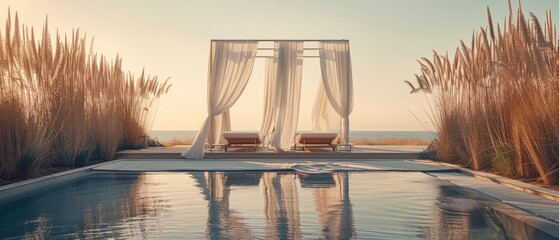 Serene beachfront scene with elegant drapery, sun loungers, and tranquil water at sunset