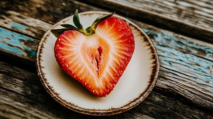 A cut strawberry on a plate on a wooden surface