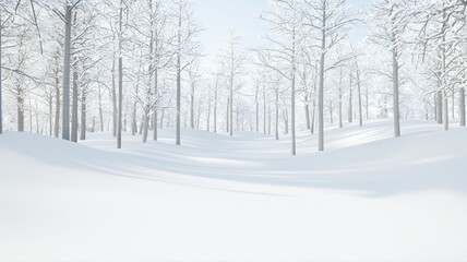 Obraz premium Serene winter forest blanketed in snow, with bare trees creating a tranquil and peaceful atmosphere.