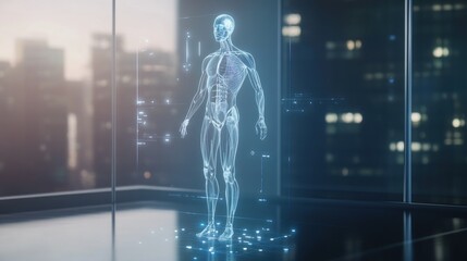 Futuristic Human Body Scan on a Glass Interface with City Background