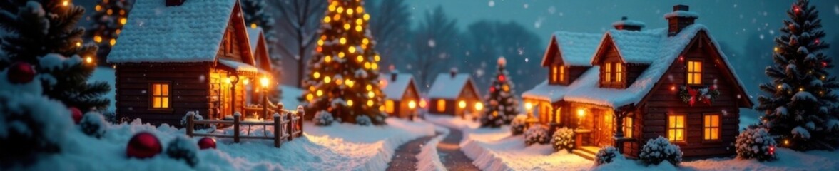 Vintage Christmas village with colorful lights, twinkling stars, lights, festive atmosphere