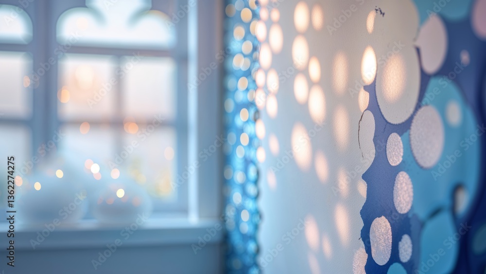 Poster light reflections create captivating patterns on a colorful wall in a cozy room filled with warm amb
