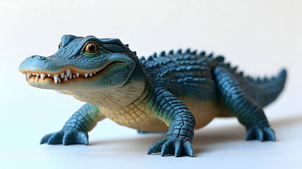 Obraz premium Crocodile figure with blue skin, yellow underbelly, and visible teeth on a white surface