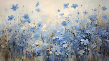 Obraz premium Thick brush strokes impressionistic small blue flowers background poster decorative painting 