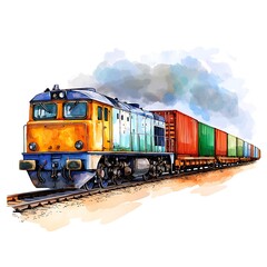 Fototapeta premium Freight Train Illustration A Colorful Artistic Depiction of a Locomotive Hauling Cargo Containers.