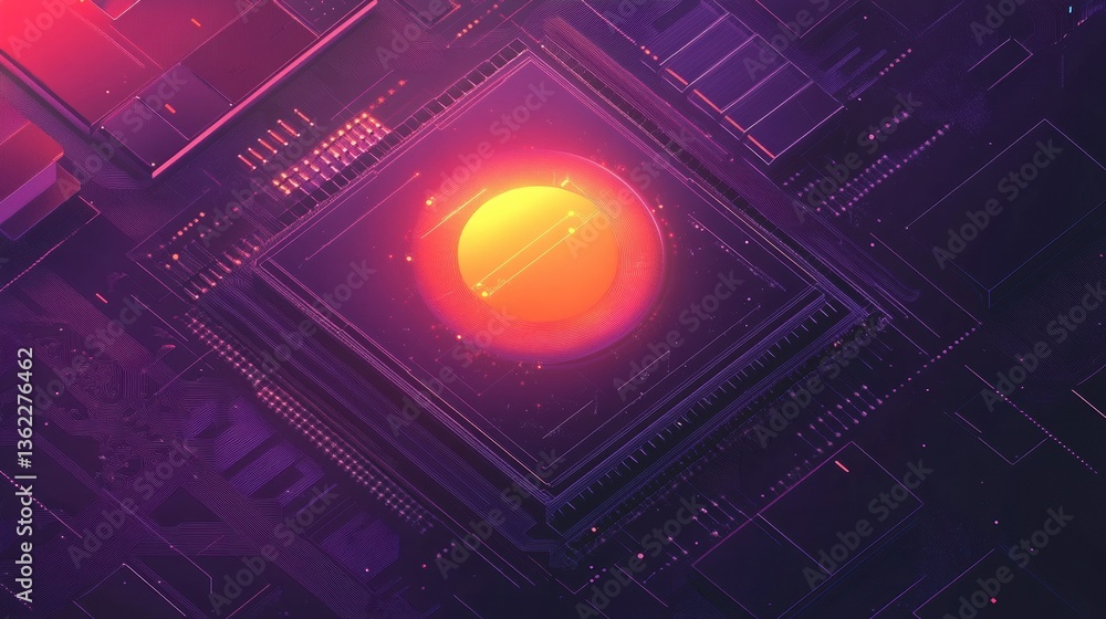 Poster a computer processor with a glowing orange circle illustration