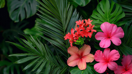 Vibrant tropical flowers bloom amidst lush green foliage, creating stunning display of color and natural beauty. scene evokes sense of tranquility