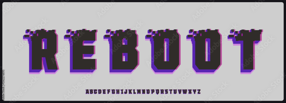Poster 3d pixelated vector font. alphabet with unique eroded pixel game style.