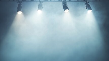 light blue background with four hanging spotlights， empty space for text or product display.