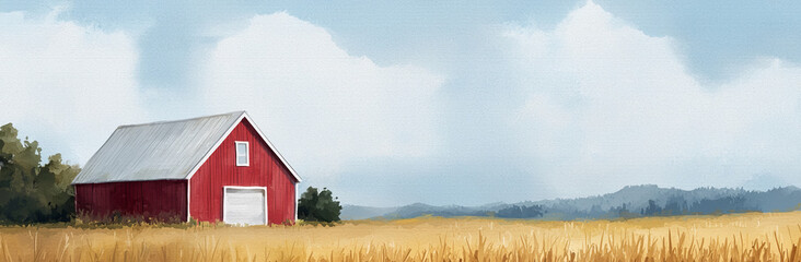 serene landscape featuring red barn surrounded by golden fields under cloudy sky, evoking sense of tranquility and rural charm