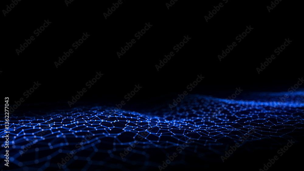 Poster Abstract wave with blue light on black background. Science background with moving dots. Network connection technology. Digital structure with particles. 3d rendering.