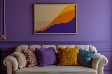 Abstract, colorful geometric poster in a frame on a lilac wall near a beige sofa with beautiful pillows and personal accessories