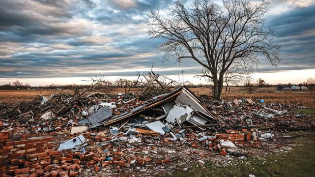Devastated Landscape After Natural Disaster with Fallen Debris