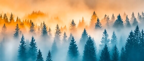 Obraz premium Dense forest covered in colorful atmospheric morning mist