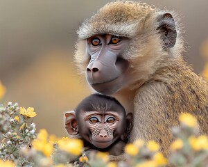 Fototapeta premium A mother baboon lovingly cradles her baby in a vibrant floral landscape