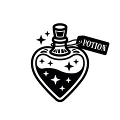 Love potion heart bottle vector black illustration. Magical elixir in a glass bottle with romantic and mystical vibes. Perfect for fantasy, alchemy, and other designs
