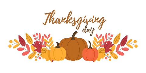 Elegant Thanksgiving Day composition with pumpkins, autumn leaves, golden accents and Thanksgiving Day in orange cursive on a clean white background. A festive and inviting design for the holiday
