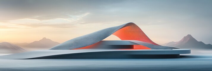 Abstract architectural design with mountains in the background during a calming sunset
