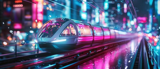 Futuristic train traveling through a vibrant neon cityscape at night, reflecting colorful lights