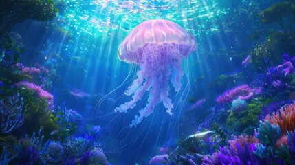 Ethereal jellyfish gracefully drifting through vibrant coral reef under shimmering ocean light