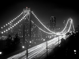 Obraz premium Bay Bridge Sparkle: A Dramatic Monochrome View of the San Francisco Skyline and Light Trails at Night, Radiating Urban Energy